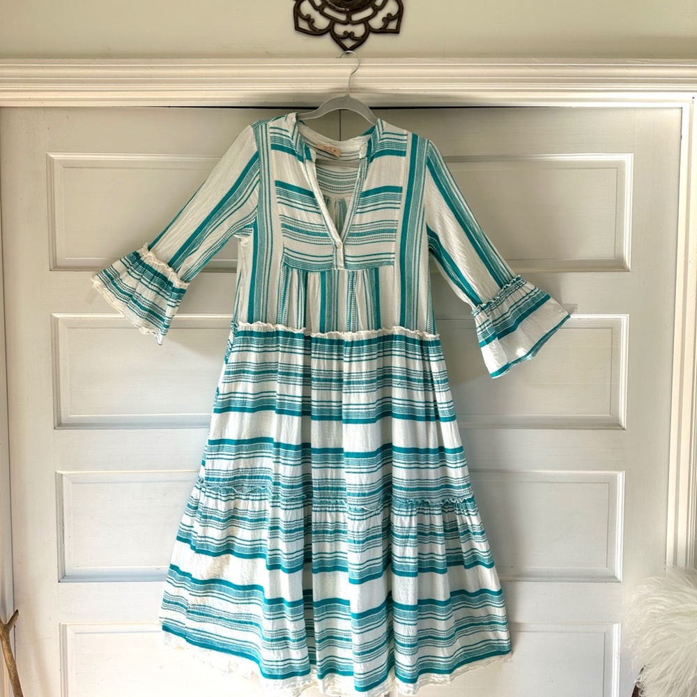 Sofia Made In Italy Tiered Maxi Boho Dress with Ruffled Bell Sleeves 100% Cotton